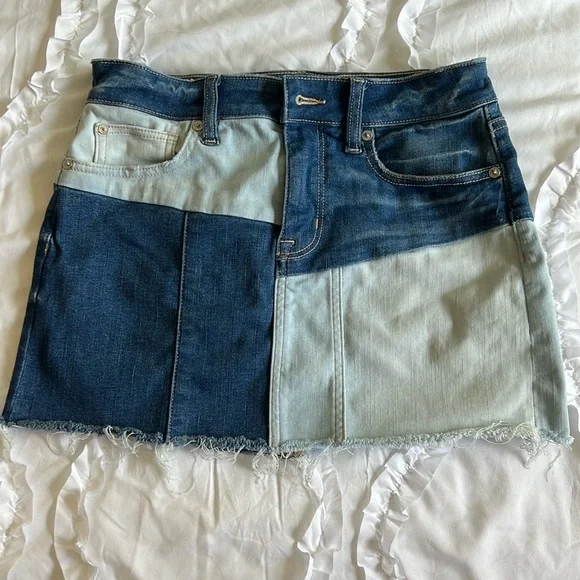 AE Stretch High Waisted Patchwork Denim Mini Skirt - Picture 7 of 9